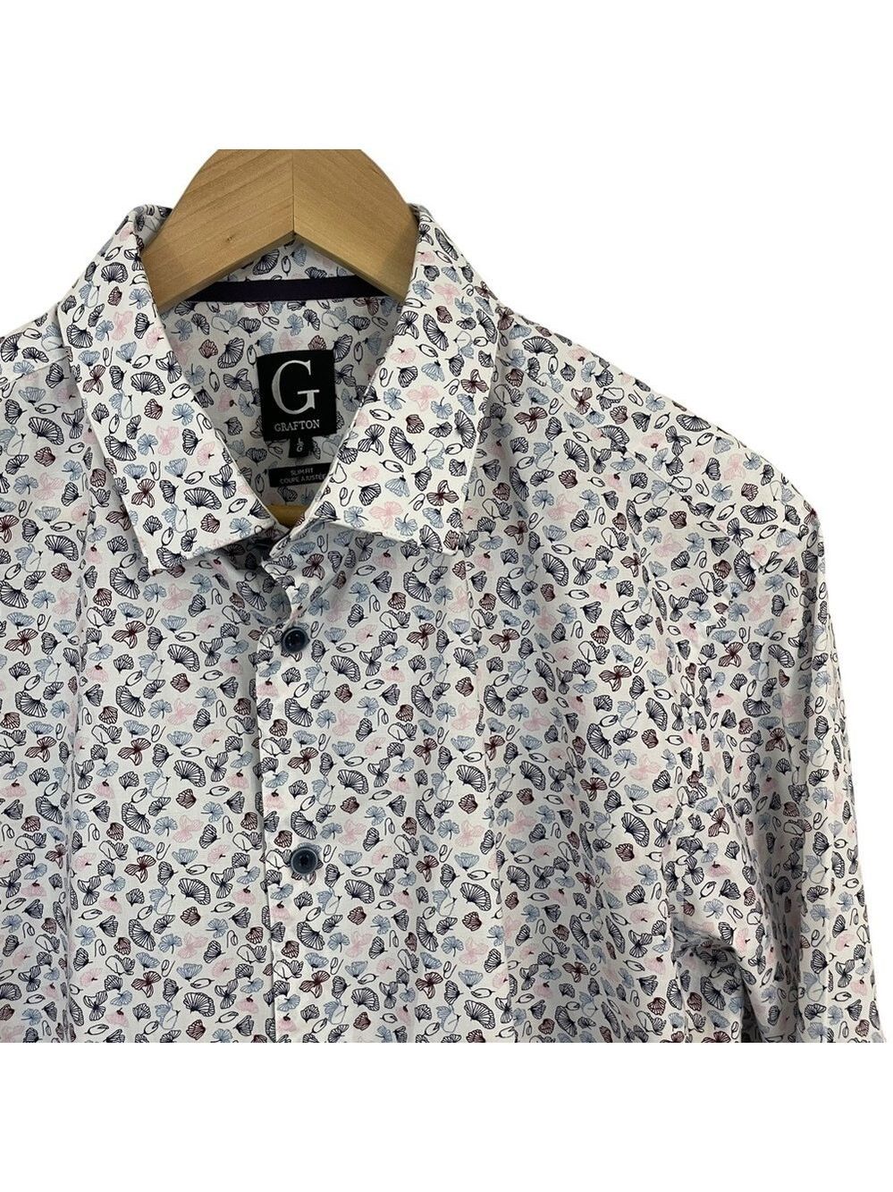 Grafton Seashell Print Button Down Shirt Mens L White Multicolour Slim Fit EUC